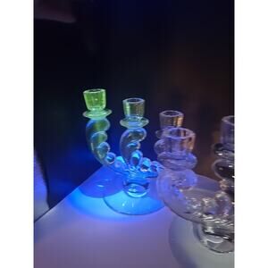 Set of 2 1940s Fostoria Plume 3-Light Etched Glass Candlestick Holders URANIUM